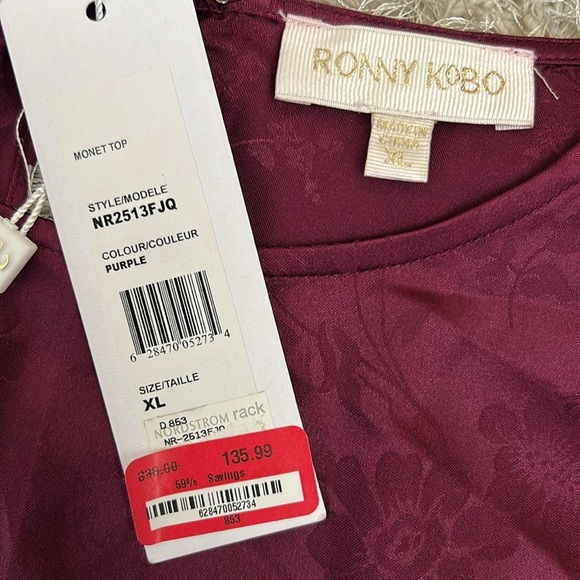 NWT Ronny Kobo Monet Satin Floral Long Sleeve Draped Blouse Top in Purple Sz XL - Picture 12 of 12